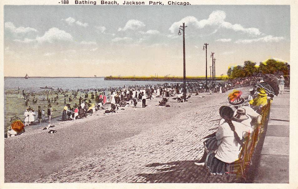 http://chuckmanchicagonostalgia.files.wordpress.com/2012/04/postcard-chicago-jackson-park-beach-big-crowd-women-on-bench-note-lights-and-pier-c1910.jpg