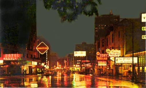 REGIÕES & MAPAS Postcard-chicago-rush-street-night-many-signs-wet-street-1960s