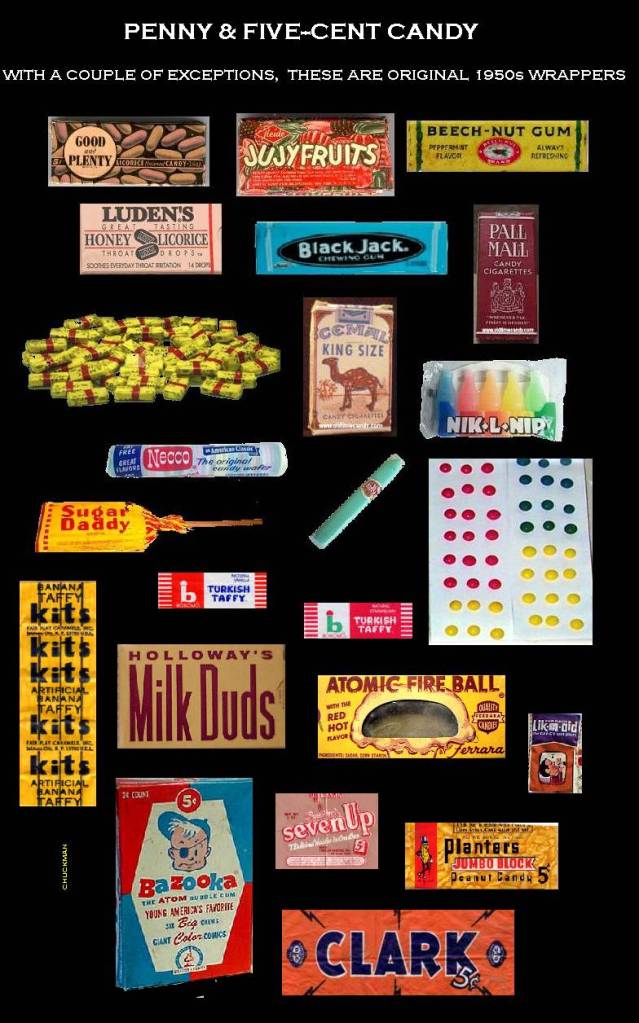 MONTAGE OF PENNY & FIVE CENT CANDY - 1950s