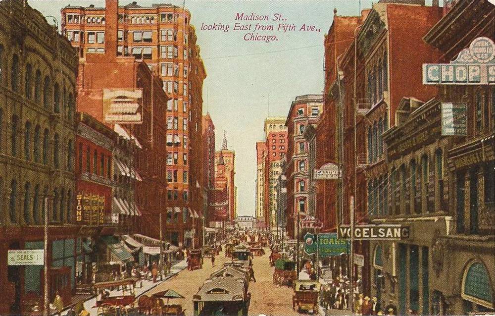 MADISON STREET - LOOKING EAST FROM FIFTH AVE - CROWD - WAGONS - STORE SIGNS