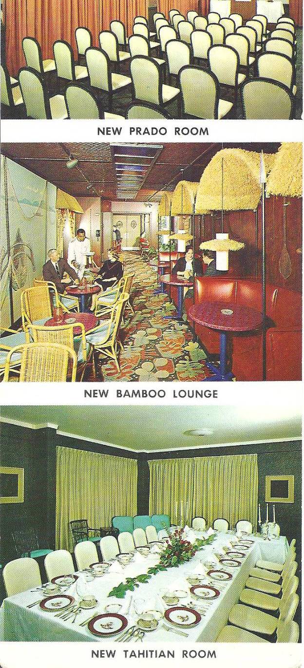 POSTCARD - CHICAGO - DEL PRADO HOTEL - 5307 HYDE PARK BLVD - 3 INTERIOR IMAGES OF NEW FACILITIES - PRADO ROOM - BAMBOO LOUNGE - TAHITIAN ROOM - c1960