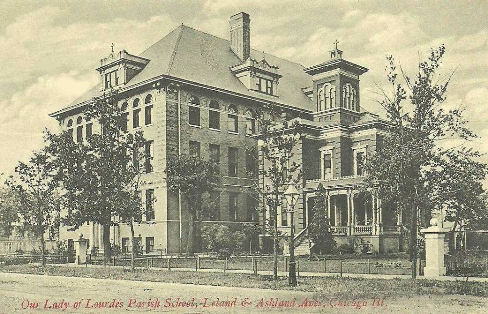 POSTCARD - CHICAGO - OUR LADY OF LOUDES PARISH SCHOOL - LELAND AND ASHLAND - 1911