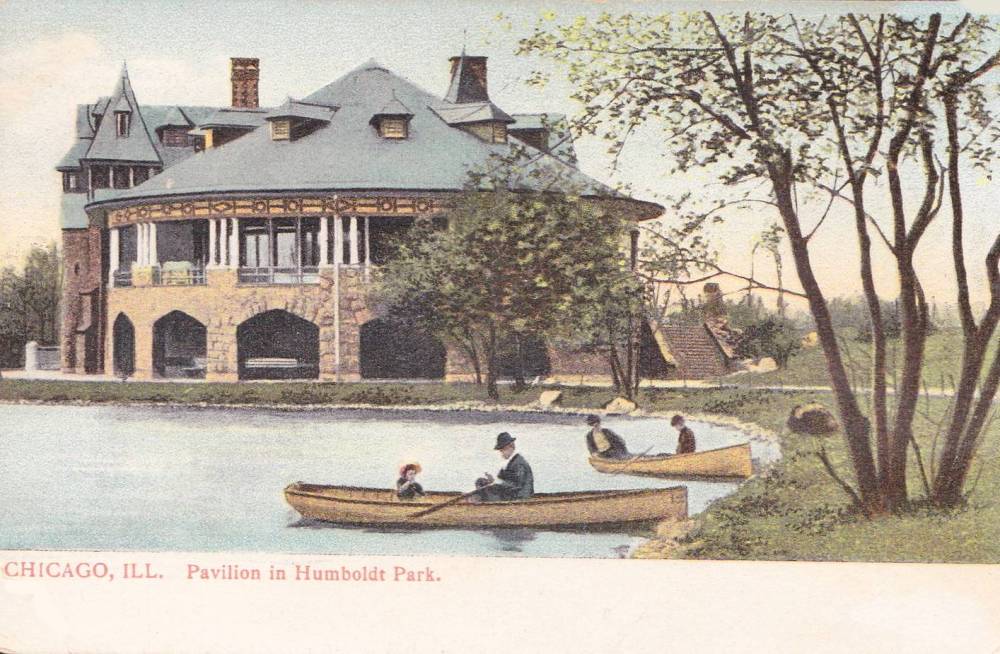 POSTCARD - CHICAGO - HUMBOLDT PARK - PAVILION WITH ROWERS IN LAGOON - 1908