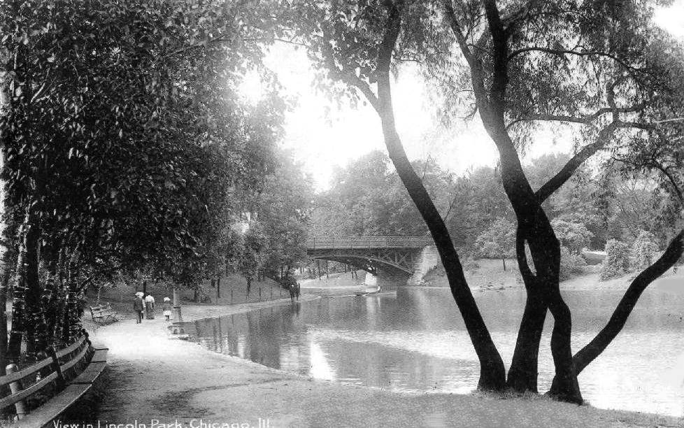 POSTCARD - CHICAGO - LINCOLN PARK - VIEW - PEOPLE WALKING BY LAGOON - 1906
