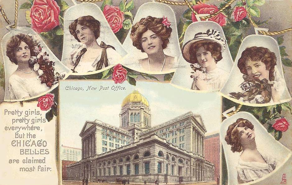 POSTCARD - CHICAGO - NEW POST OFFICE - 6 WOMEN IN BELL FRAMES - CHICAGO BELLES MOST FAIR - 1913