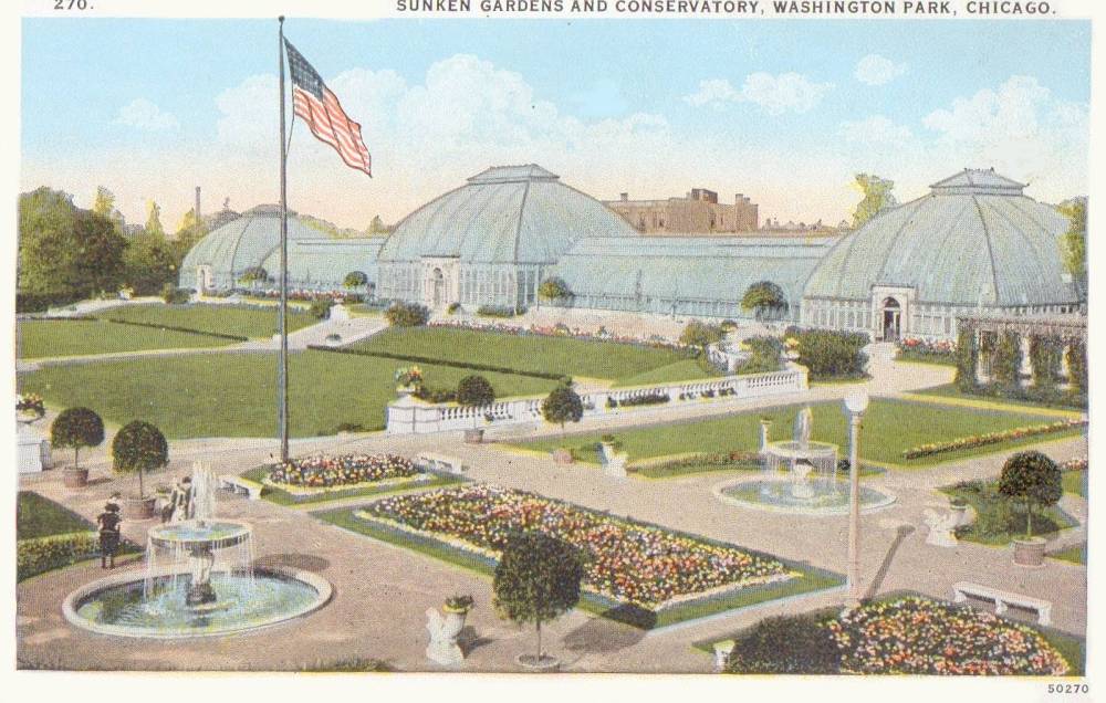 POSTCARD - CHICAGO - WASHINGTON PARK - SUNKEN GARDENS AND CONSERVATORY - AERIAL - c1920