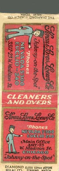 MATCHBOOK - CHICAGO - KRAUS BROS LOEWY CLEANERS AND DYERS - 3517-25 W MADISON - JOHNNY-ON-THE-SPOT