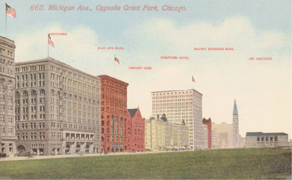 POSTCARD - CHICAGO - MICHIGAN AVE - OPPOSITE GRANT PARK - AUDITORIUM - FINE ARTS - CHICAGO CLUB - STRATFORD HOTEL - RAILWAY EXCHANGE - ART INSTITUTE - 1913