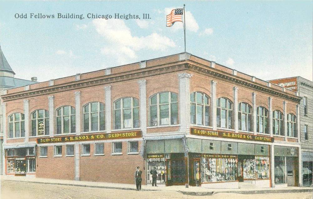 POSTCARD - CHICAGO - ODD FELLOWS BUILDING - CHICAGO HEIGHTS - KNOX FIVE AND TEN STORE - EARLY