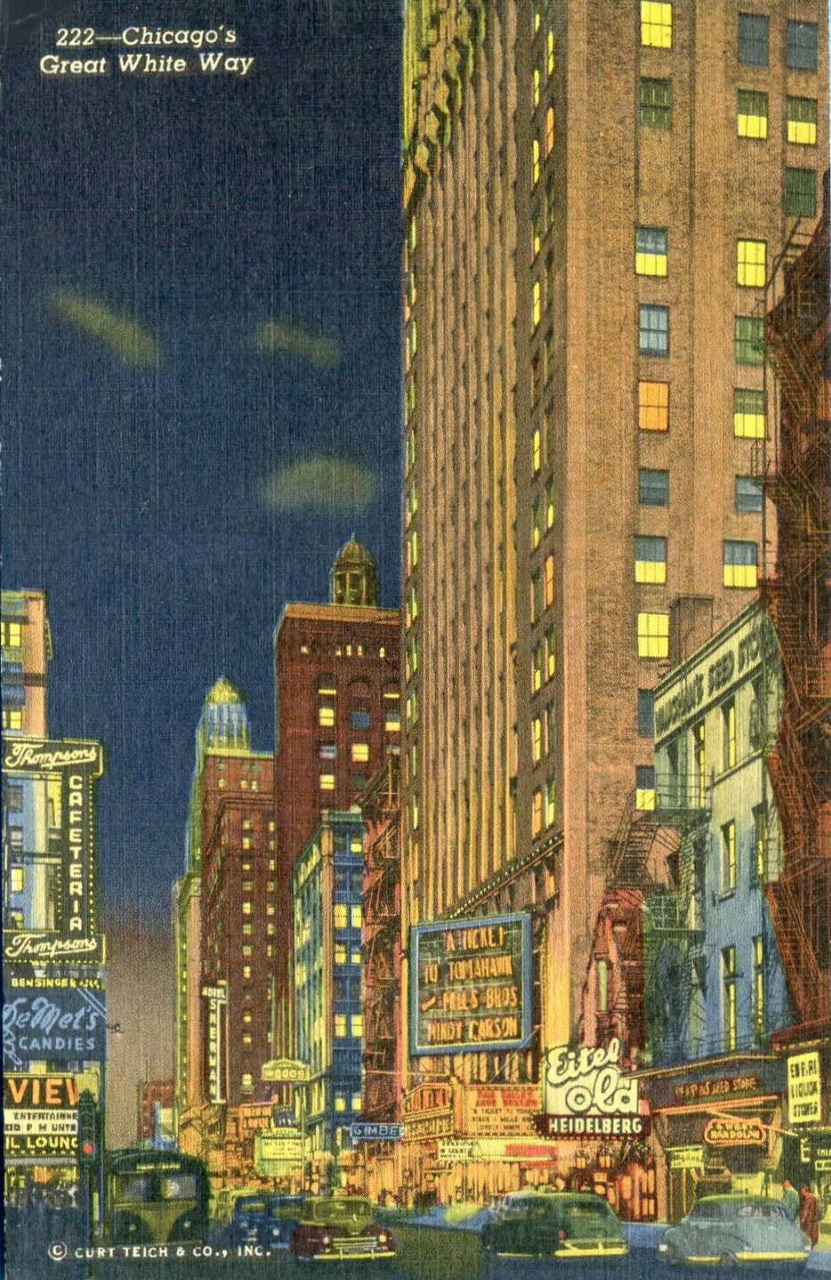 POSTCARD - CHICAGO - RANDOLPH - LOOKING W FROM STATE - DE MET'S - THOMPSONS CAFETERIA - EITEL - VAUGHN SEEDS - EVENING - 1954