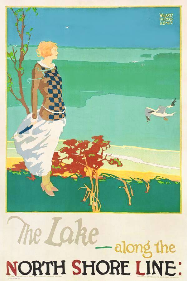 POSTER - CHICAGO - THE LAKE - ALONG THE NORTH SHORE LINE - WOMAN STANDING BY LAKE - 1920s