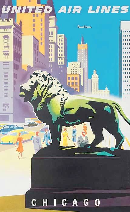 POSTER - CHICAGO - UNITED AIR LINES - MICHIGAN AVE LOOKING N FROM ART INSTITUTE - c1960