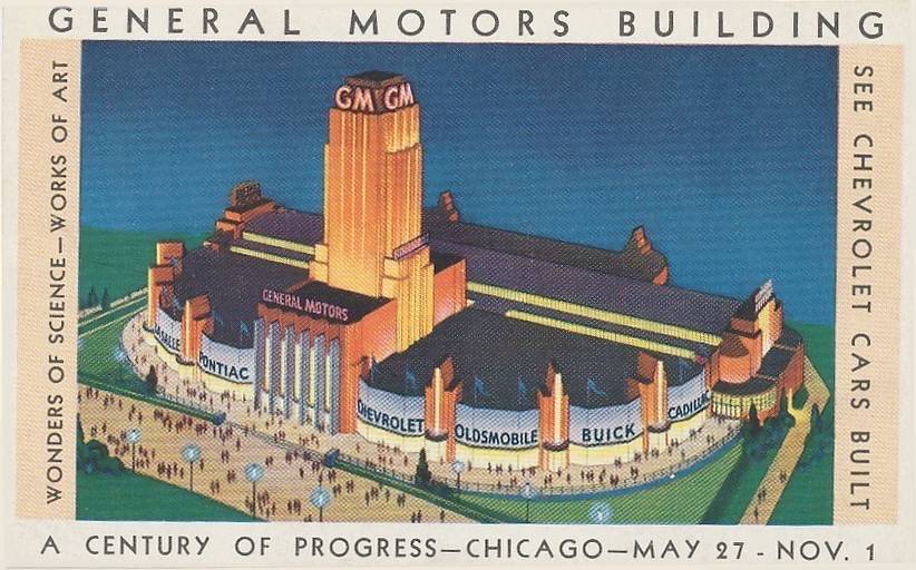 POSTCARD - CHICAGO - CENTURY OF PROGRESS WORLD'S FAIR - NIGHT - GENERAL MOTORS BUILDING - 1933-4