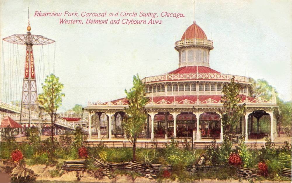 POSTCARD - CHICAGO - RIVERVIEW AMUSEMENT PARK - CAROUSEL AND CIRCLE SWING CALLED AEROATAT - WESTERN BELMONT AND CLYBOURN - c1910