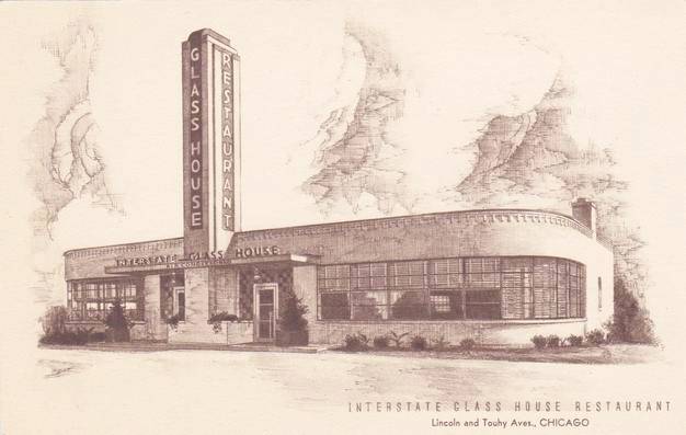 POSTCARD - CHICAGO - GLASS HOUSE RESTAURANT - LINCOLN AND TOUHY - DRAWING - INTERNATIONAL STYLE ARCHITECTURE