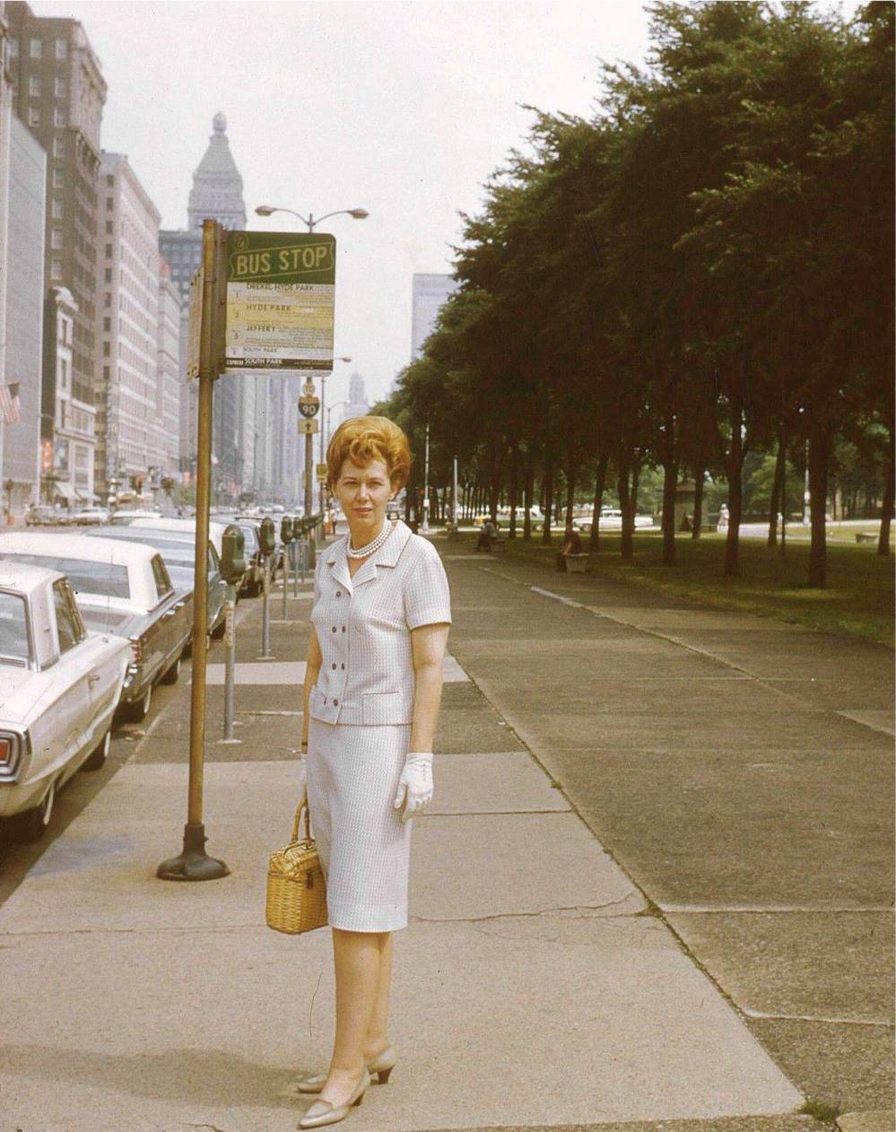 PHOTO - CHICAGO - MICHIGAN AVE - LOOKING N - WOMAN WAITING AT BUS STOP - GRANT PARK ON RIGHT - c1960 - UNKNOWN PHOTOGRAPHER