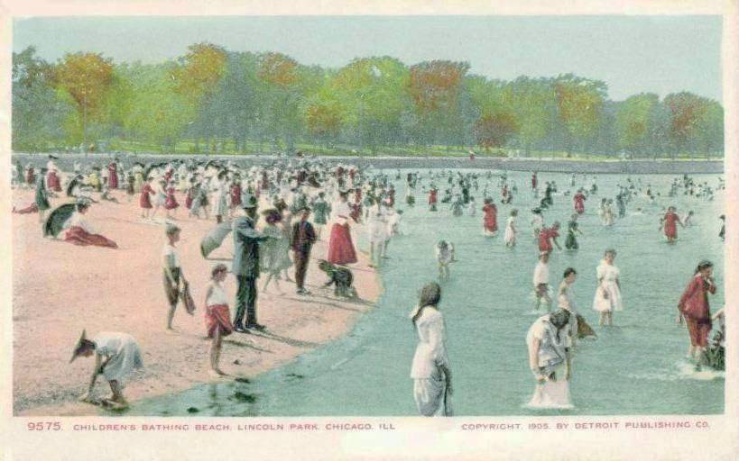 POSTCARD - CHICAGO - LINCOLN PARK - CHILDREN'S BATHING BEACH - BIG CROWD - TINTED - 1905