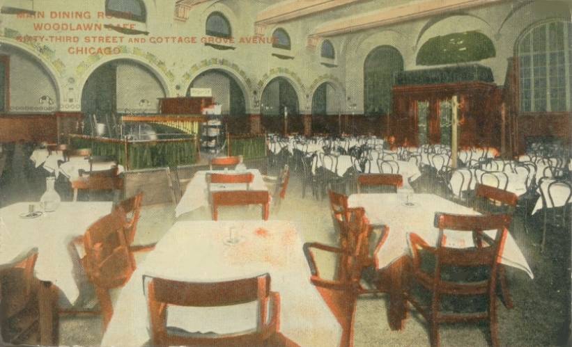 POSTCARD - CHICAGO - WOODLAWN CAFE - MAIN DINING ROOM - SIXTY-THIRD AND COTTAGE GROVE - TINTED - c1910