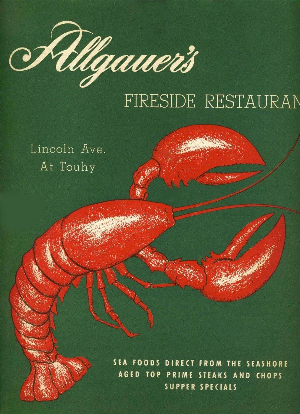 MENU - CHICAGO - ALLGAUER'S  FIRESIDE RESTAURANT -  LINCOLN AT TOUHY - 1956