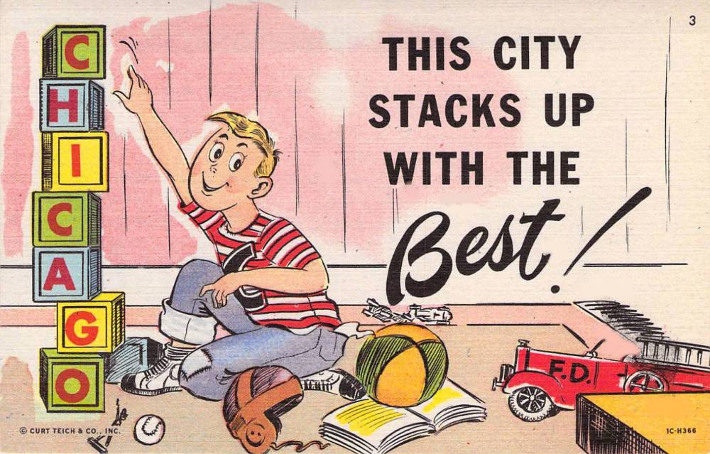 POSTCARD - CHICAGO - CURT TEICH - CARTOON TOURIST ATTRACTION SERIES - STACKS UP WITH THE BEST - c1950