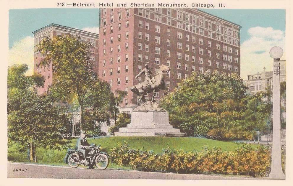POSTCARD - CHICAGO - BELMONT HOTEL - SHERIDAN MONUMENT - MAN ON MOTORCYCLE - 1927