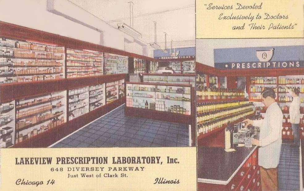 POSTCARD - CHICAGO - LAKEVIEW PRESCRIPTION LABORATORY - 648 DIVERSEY PARKWAY - JUST W OF CLARK - DEVOTED TO DOCTORS AND THEIR PATIENTS - c1940