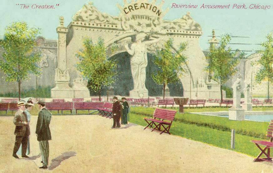 POSTCARD - CHICAGO - RIVERVIEW AMUSEMENT PARK - THE CREATION - NOTE PEOPLE MONTAGED IN - 1911