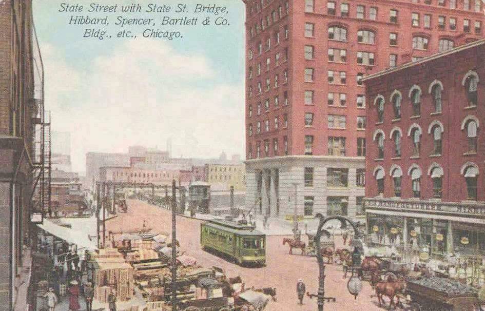 POSTCARD - CHICAGO - STATE STREET - BRIDGE - STREETCAR - WAGONS UNLOADING - HIBBARD SPENCER BARTLETT AND COMPANY BUILDING - AERIAL - 1913