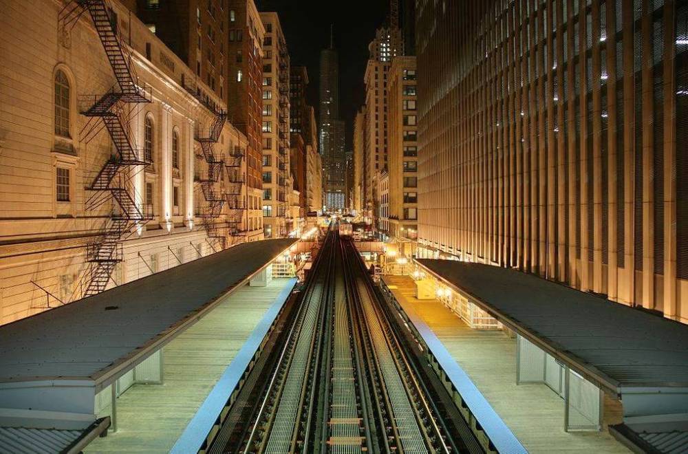 PHOTO - CHICAGO - ELEVATED - NIGHT - AERIAL FROM ABOVE STATION - EDITED FROM A STUNNING IMAGE OF DANIEL SCHWEN