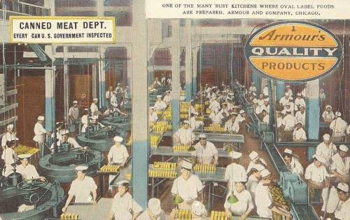POSTCARD - CHICAGO - ARMOUR MEATS - ONE OF MANY BUSY KITCHENS WHERE OVAL LABEL FOODS ARE PREPARED - EVERY CAN U.S. GOVERNMENT INSPECTED - TINTED - c1910