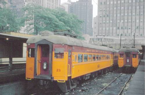 PHOTO - CHICAGO - TRAIN - SOUTH SHORE LINE - TWO TRAINS - RANDOLPH STREET STATION - c1970