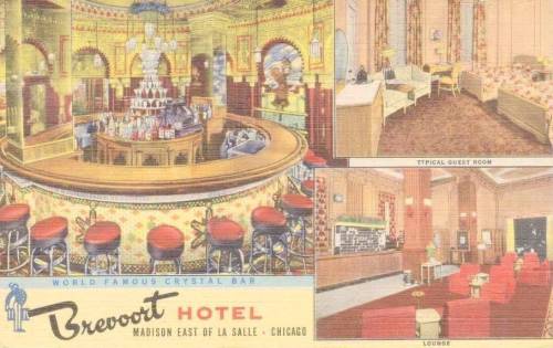 POSTCARD - CHICAGO - BREVOORT HOTEL - 3 IMAGES - CRYSTAL - GUEST ROOM - LOUNGE - c1950