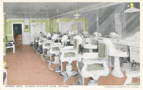 POSTCARD - CHICAGO - ILLINOIS ATHLETIC CLUB - BARBER SHOP - TINTED - 1910s