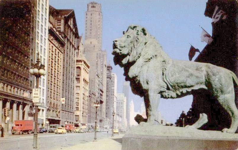 POSTCARD - CHICAGO - MICHIGAN - LOOKING N - ONE ART INSTITUTE LION - 1956