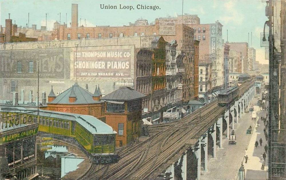 POSTCARD - CHICAGO - ELEVATED - WABASH - NOTE SIGNS - THOMPSON MUSIC COMPANY - DENTAL COLLEGE - TINTED - 1913