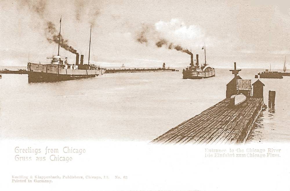 POSTCARD - CHICAGO - SHIPS IN MOUTH OF CHICAGO RIVER - GREETINGS -  PRE-1910