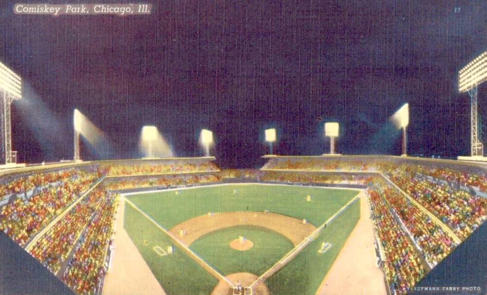 POSTCARD - CHICAGO - COMISKEY PARK - NIGHT - AERIAL - TINTED - c1950