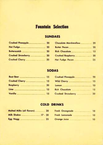 MENU - CHICAGO - PIXLEY AND EHLERS 15 RESTAURANTS - INSIDE - FOUNTAIN SELECTION - 1940s