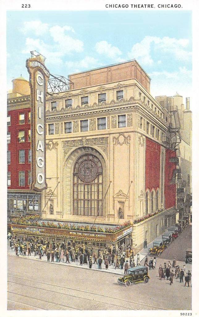 POSTCARD - CHICAGO - CHICAGO THEATER - OPENING - CROWD - CARS PARKED - AERIAL - TINTED - BUILT 1921