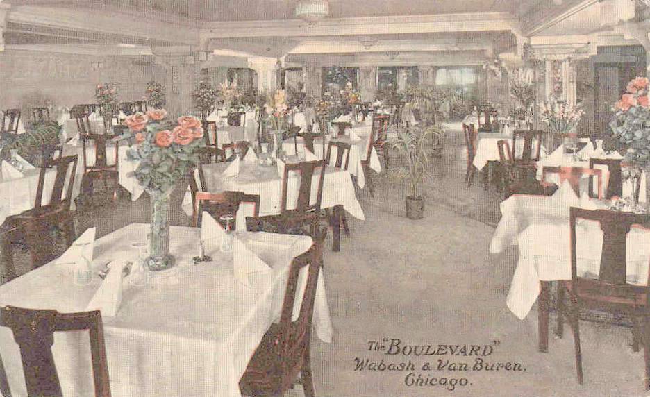 POSTCARD - CHICAGO - THE BOULEVARD RESTAURANT - DINING ROOM - WABASH AND VAN BUREN - 1913