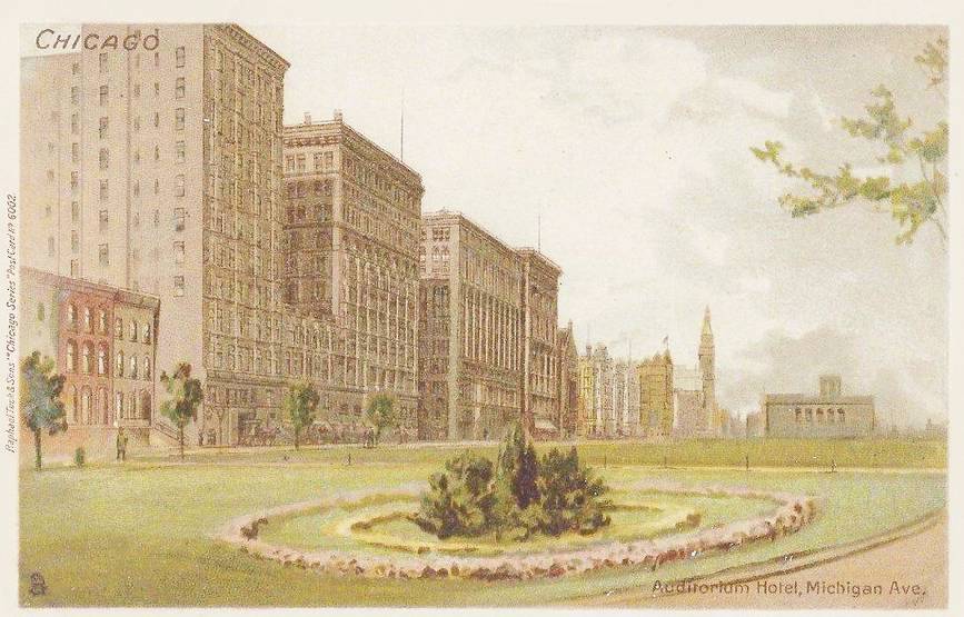 POSTCARD - CHICAGO - VIEW FROM GRANT PARK - LOOKING NW - AUDITORIUM HOTEL - TINTED - PRE-1910