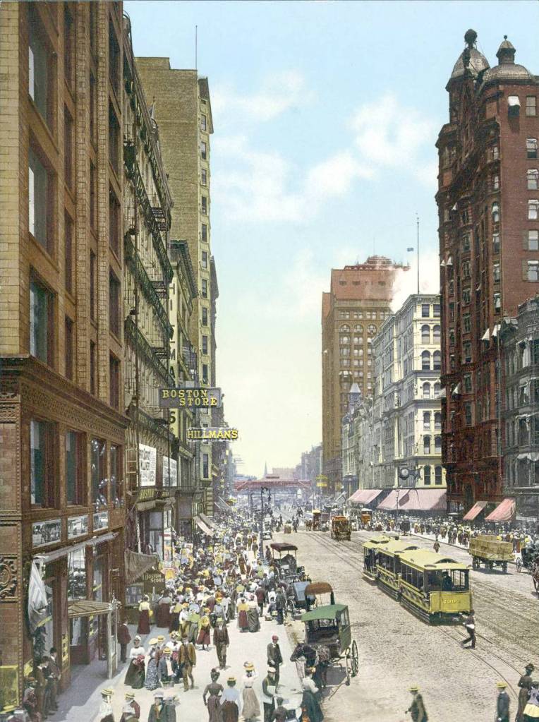 PHOTO - CHICAGO - STATE STREET - LOOKING N FROM BOSTON STORE - HILLMANS SIGN - NOTE FIELD'S CLOCK ON OLD BUILDING - CABLE CARS -TINTED - 1898
