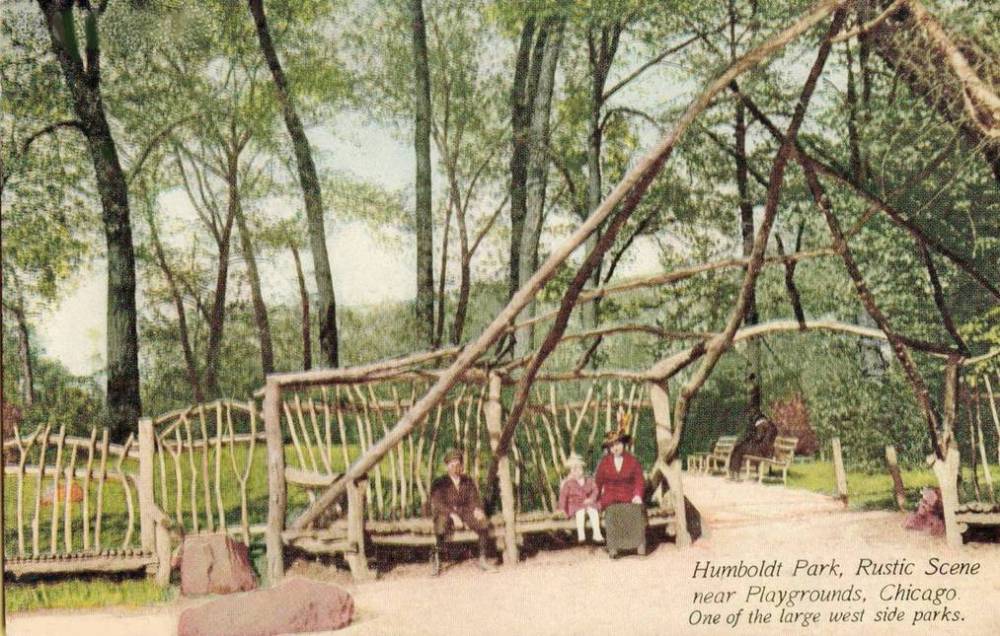 POSTCARD - CHICAGO - HUMBOLDT PARK - RUSTIC SCENE - NEAR PLAYGROUNDS - WOMAN AND CHILDREN - TINTED - c1910