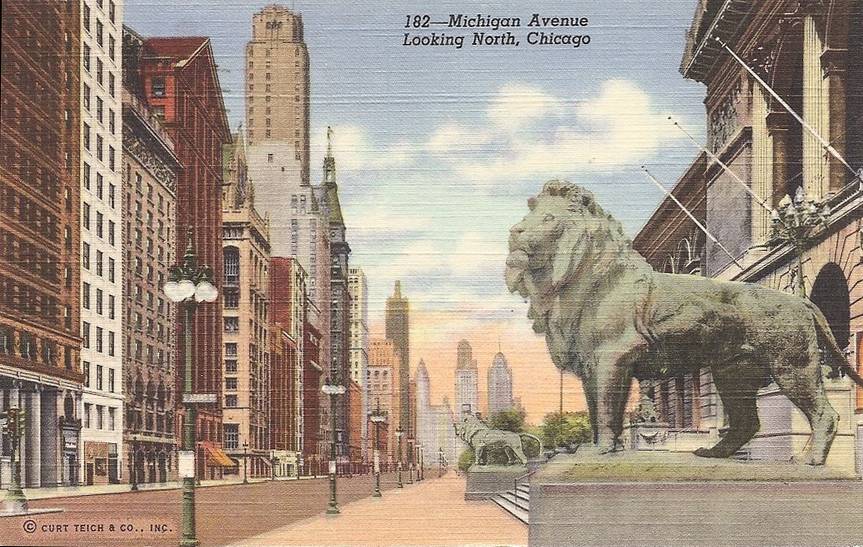 POSTCARD - CHICAGO - MICHIGAN AVE - LOOKING N FROM ART INSTITUTE - 1950s