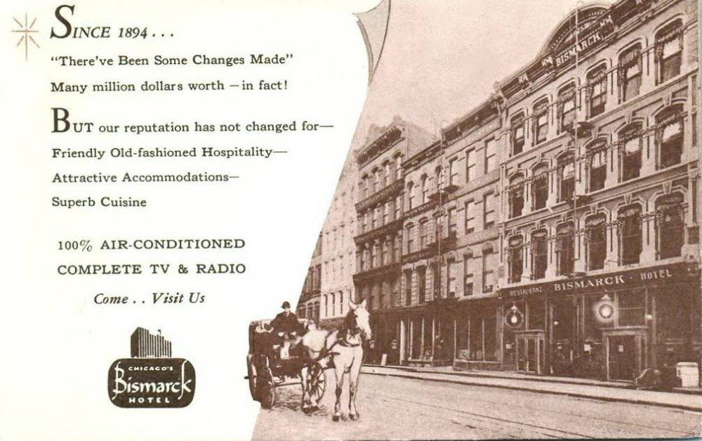 POSTCARD - CHICAGO - BISMARCK HOTEL - VINTAGE IMAGE INSET - SINCE 1894 - 1940s