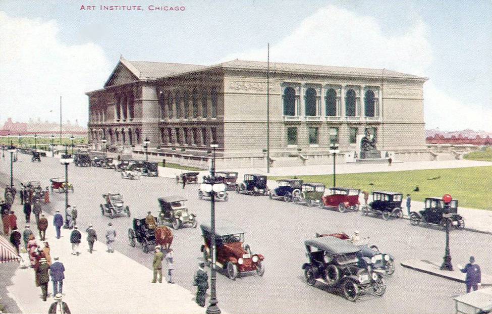 POSTCARD - CHICAGO - MICHIGAN AVE - ART INSTITUTE - PEDESTRIANS - CARS - NOTE POLICEMAN AND TRAFFIC SIGNAL LOWER RIGHT - TINTED - c1910