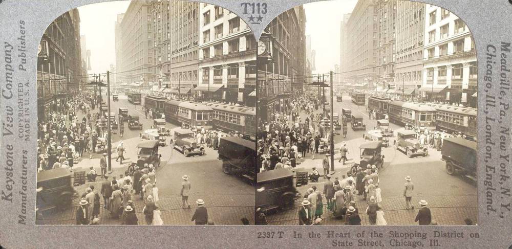 PHOTO - CHICAGO - STATE AND MADISON - AERIAL - LOOKING N - STEREO  - c1920
