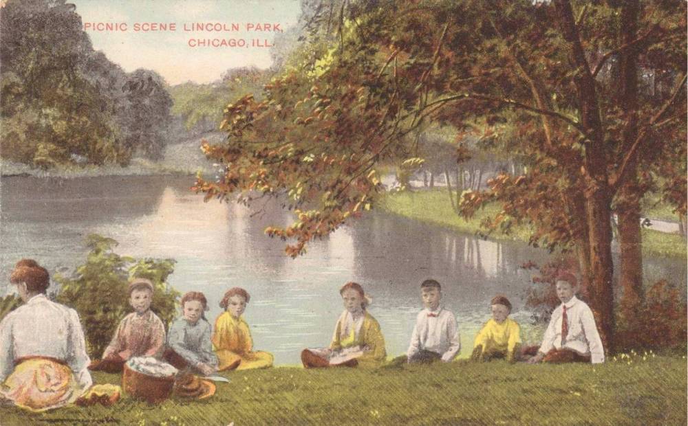 POSTCARD - CHICAGO - LINCOLN PARK - PICNIC SCENE - WOMAN AND GROUP OF CHILDREN - TINTED - RESEMBLES IMPRESSIONIST PAINTING - 1910s