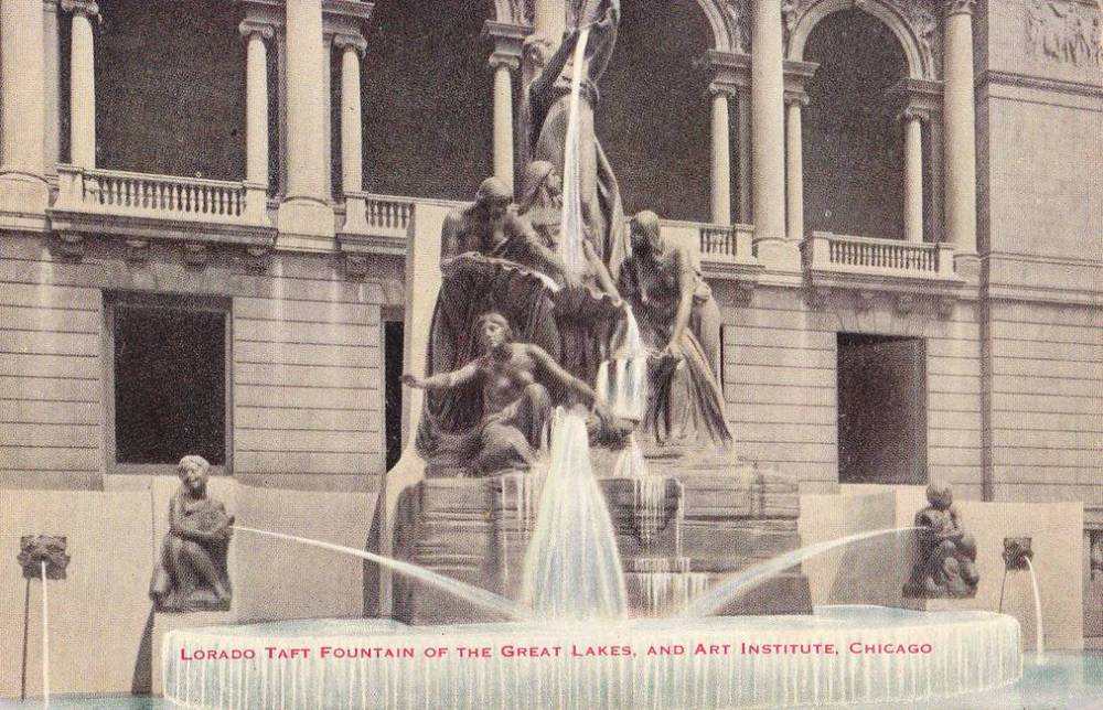 POSTCARD - CHICAGO - ART INSTITUTE - LORADO TAFT FOUNTAIN OF THE GREAT LAKES - HEAD-ON - TINTED - c1910