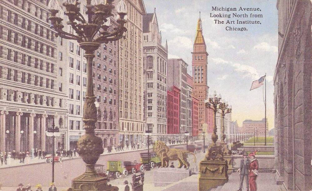POSTCARD - CHICAGO - MICHIGAN AVE - LOOKING N FROM ART INSTITUTE - PEOPLE AT ENTRANCE - TINTED - 1913